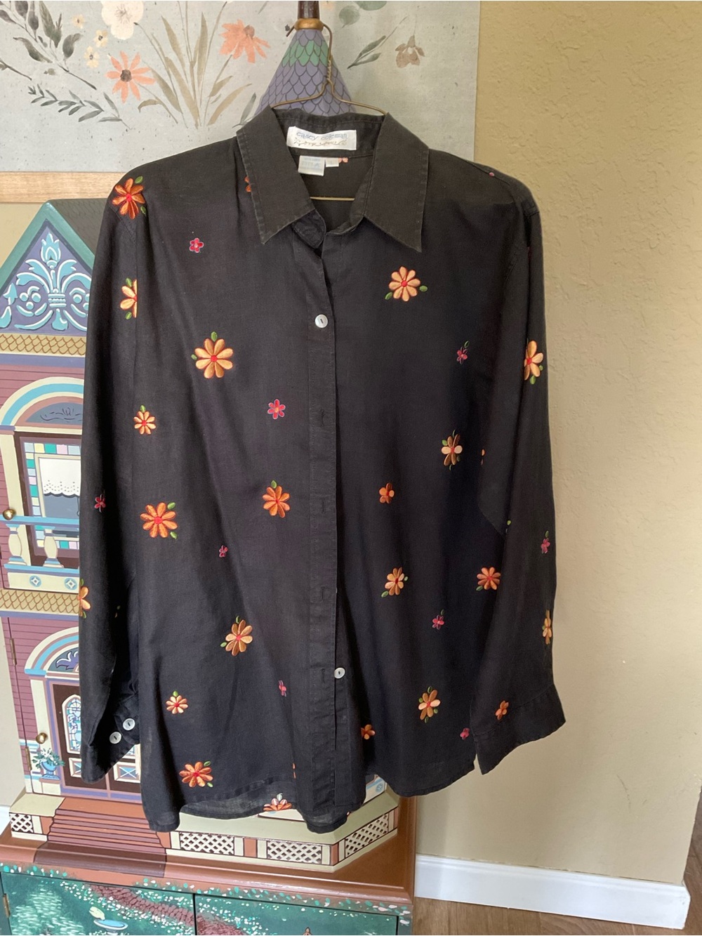 Button-Front Black Floral Shirt - Women's Top